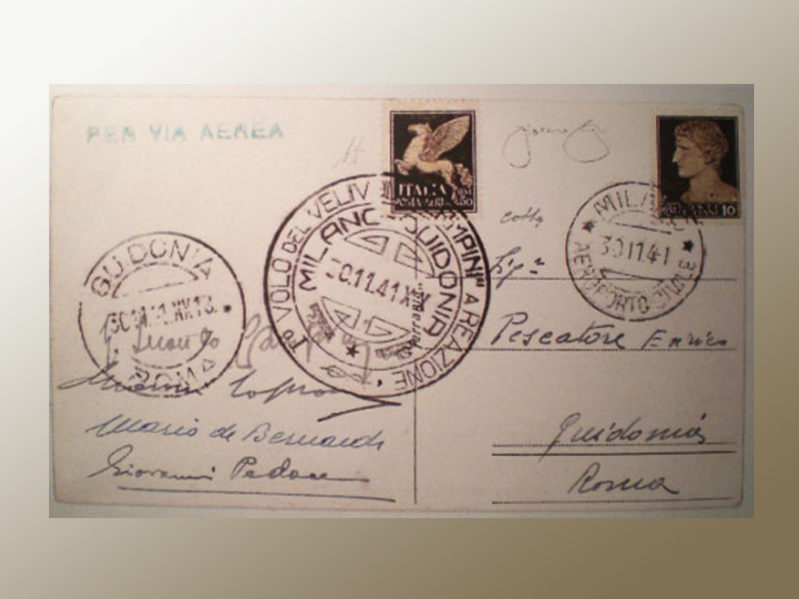 1° volo a reazione Milano Guidonia unica cartolina conosciuta con tutte le firme dei piloti e passeggeri Campini, Caproni, De Bernardi, Pedace.