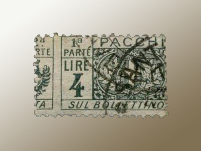 1927-32 pacchi postali, metà del 4 lire grigio nero inedito dentellatura verticale molto spost. a sx di 4 mm